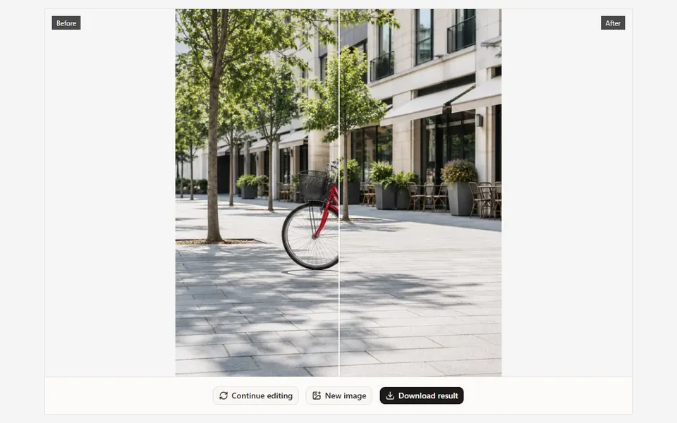 Before and after comparison of an object removal result with download controls