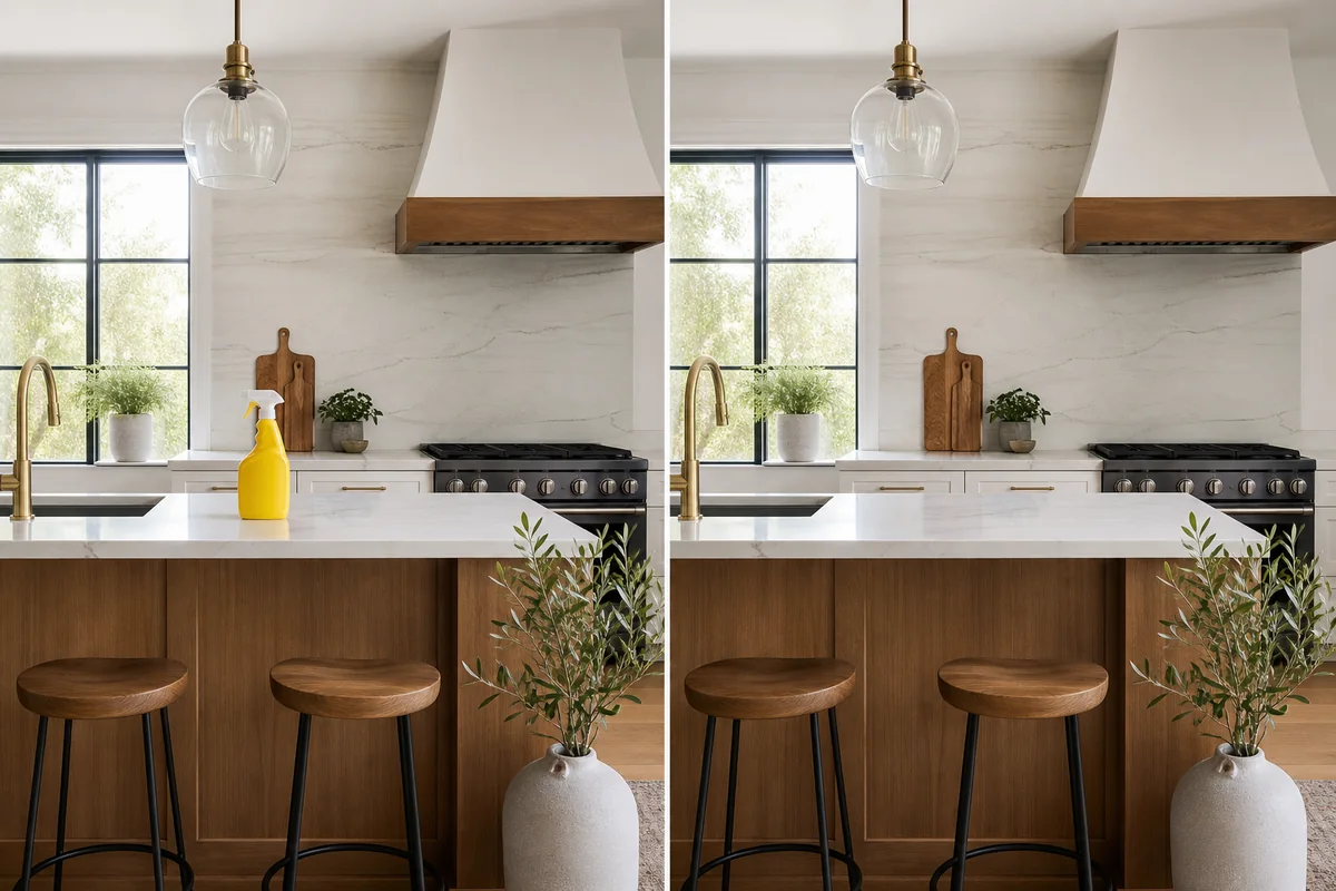 A kitchen before and after removing a bright cleaning bottle from the counter