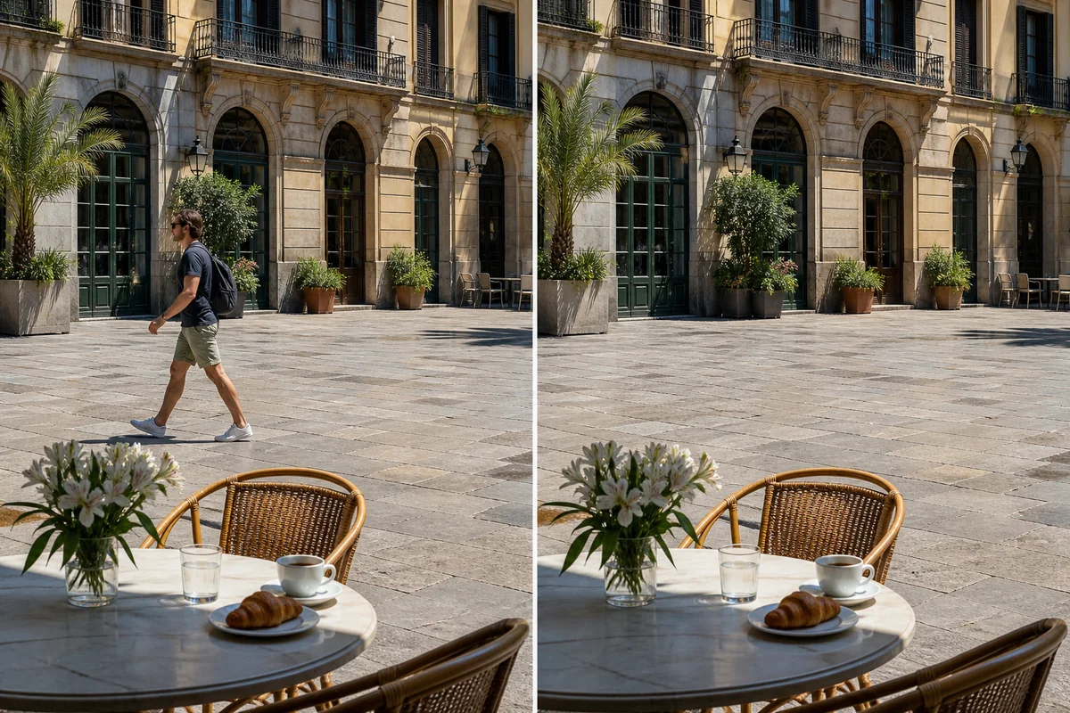 A cafe plaza before and after removing a walking pedestrian