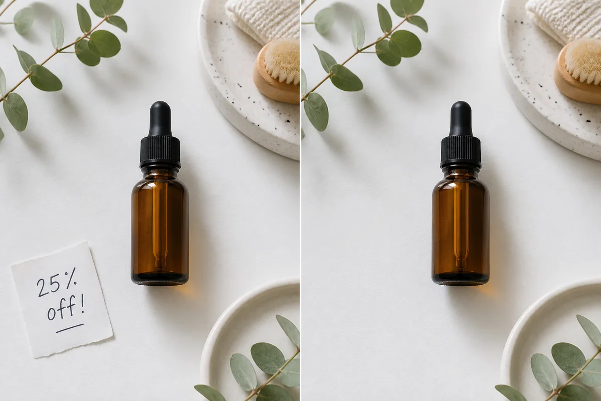 A product flat lay before and after removing a handwritten sale note