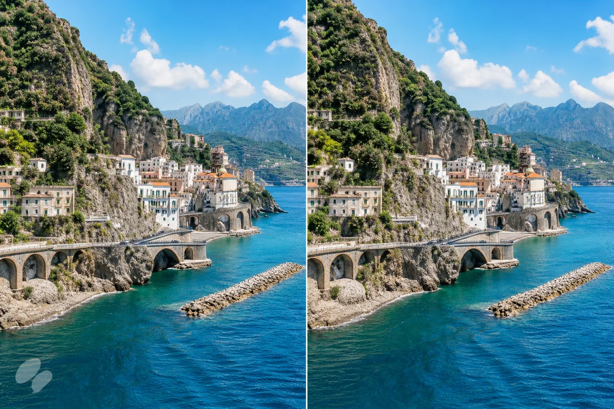A coastal photo before and after removing a generic corner watermark