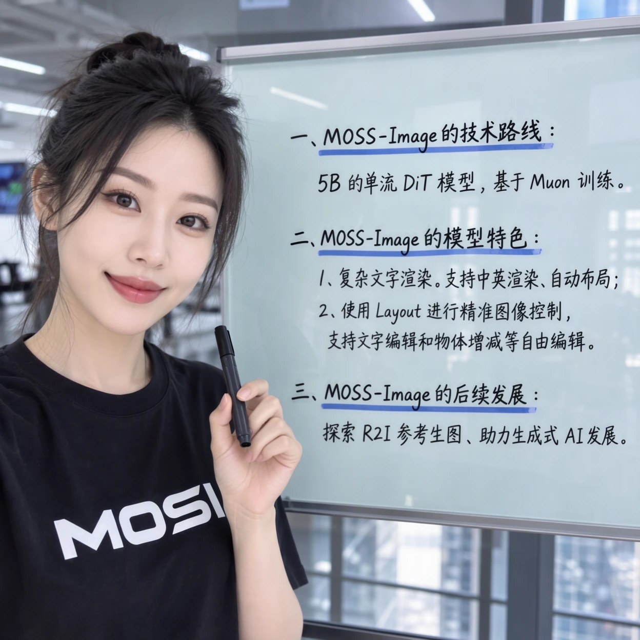MOSS-Image-SFT 官方示例：人物与分组排版的白板文字