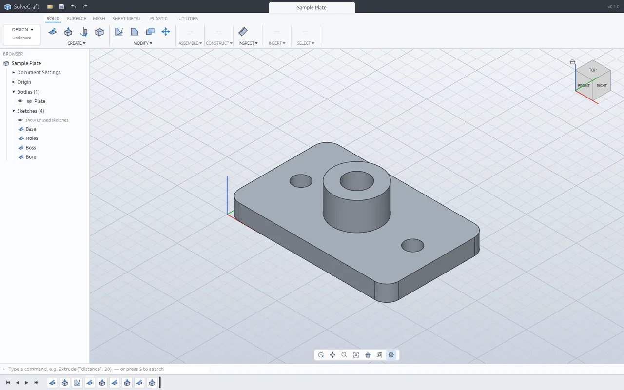 Official SolidCraft interface showing a sample plate, model browser and feature timeline